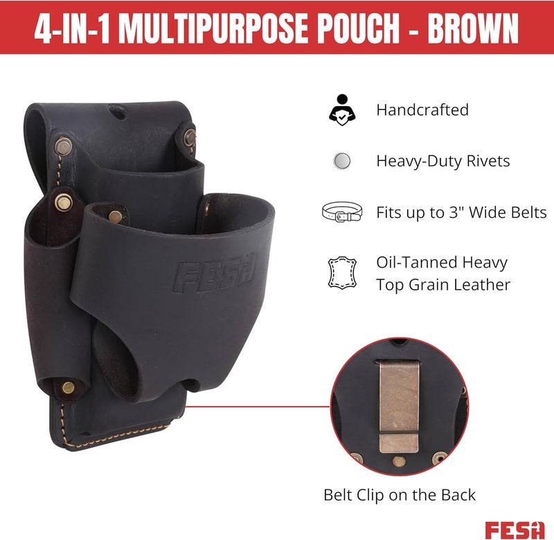 fesa Small Leather Tool Pouch - 4-in-1 Heavy Top Grain Leather Small Tool Pouch with a Tape Measure Holder, 3 Pockets & Reinforced Heavy Duty Rivets - Fits Belts up to 3" - Handcrafted - Image 2